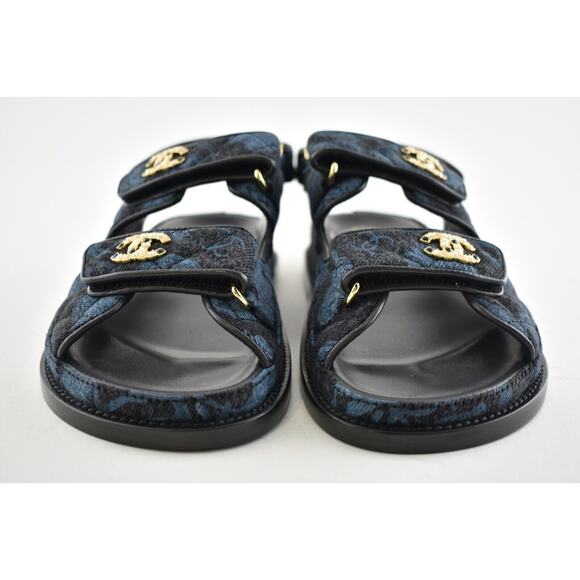 Chanel 21A Blue Black Grey Denim CC Logo Mule Slide Strap Flat Dad Sandal 36.5 - Picture 6 of 11